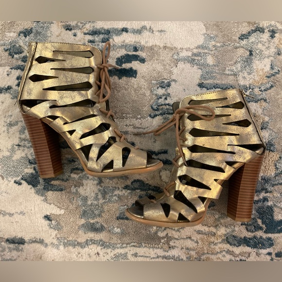 Call It Spring Gold Metallic Bootie Lace Up Block High Heels Zip Up Chunky | 7.5 - Picture 9 of 15